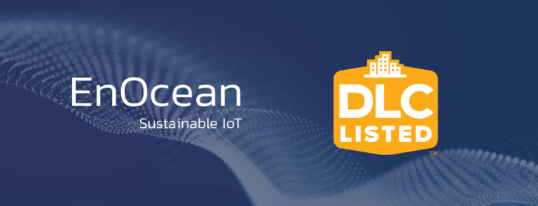 EnOcean logo and DLC logo against blue background